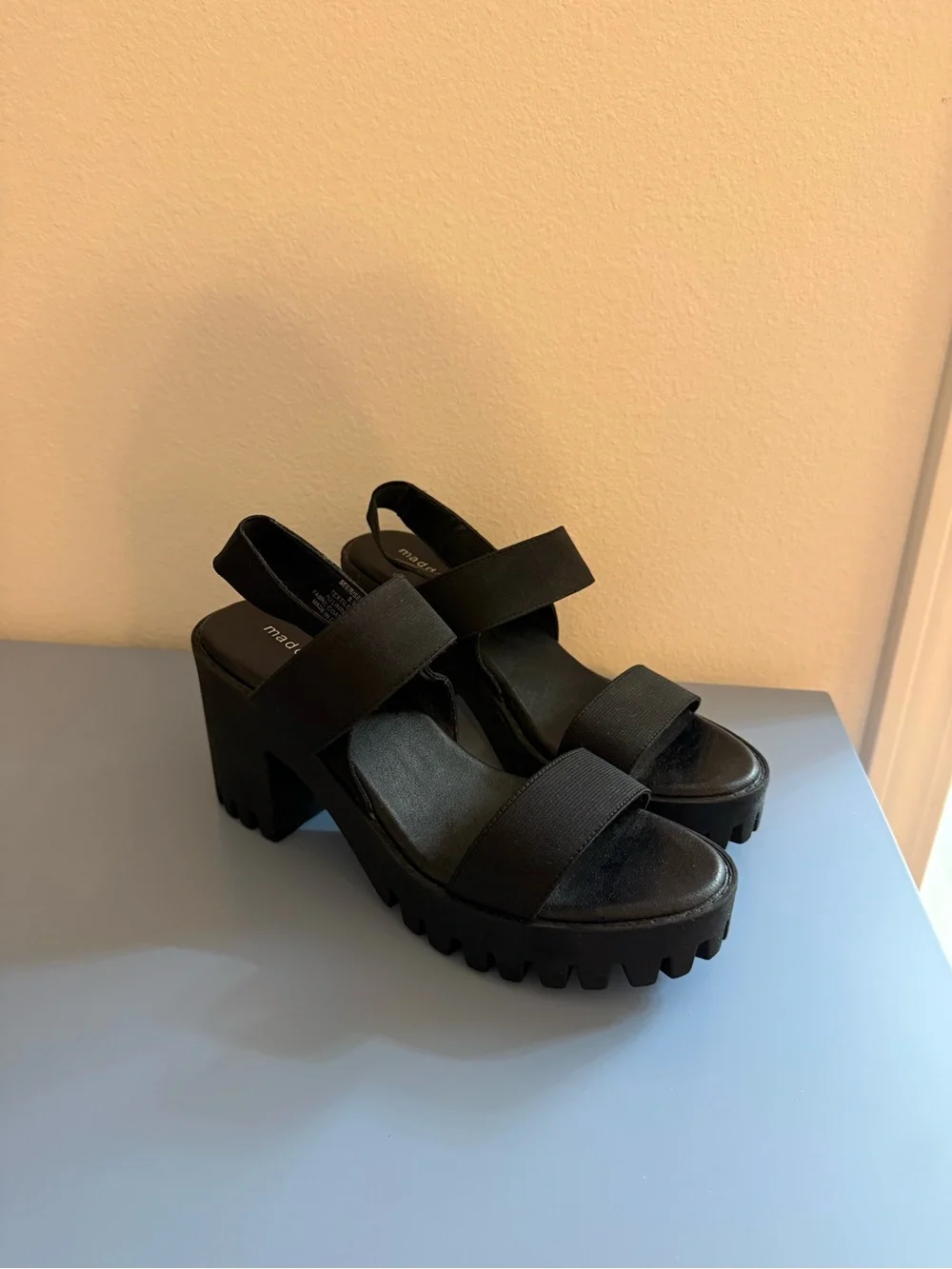 Madden Girl Black Chunky Lug-Heel Wedge Sandals